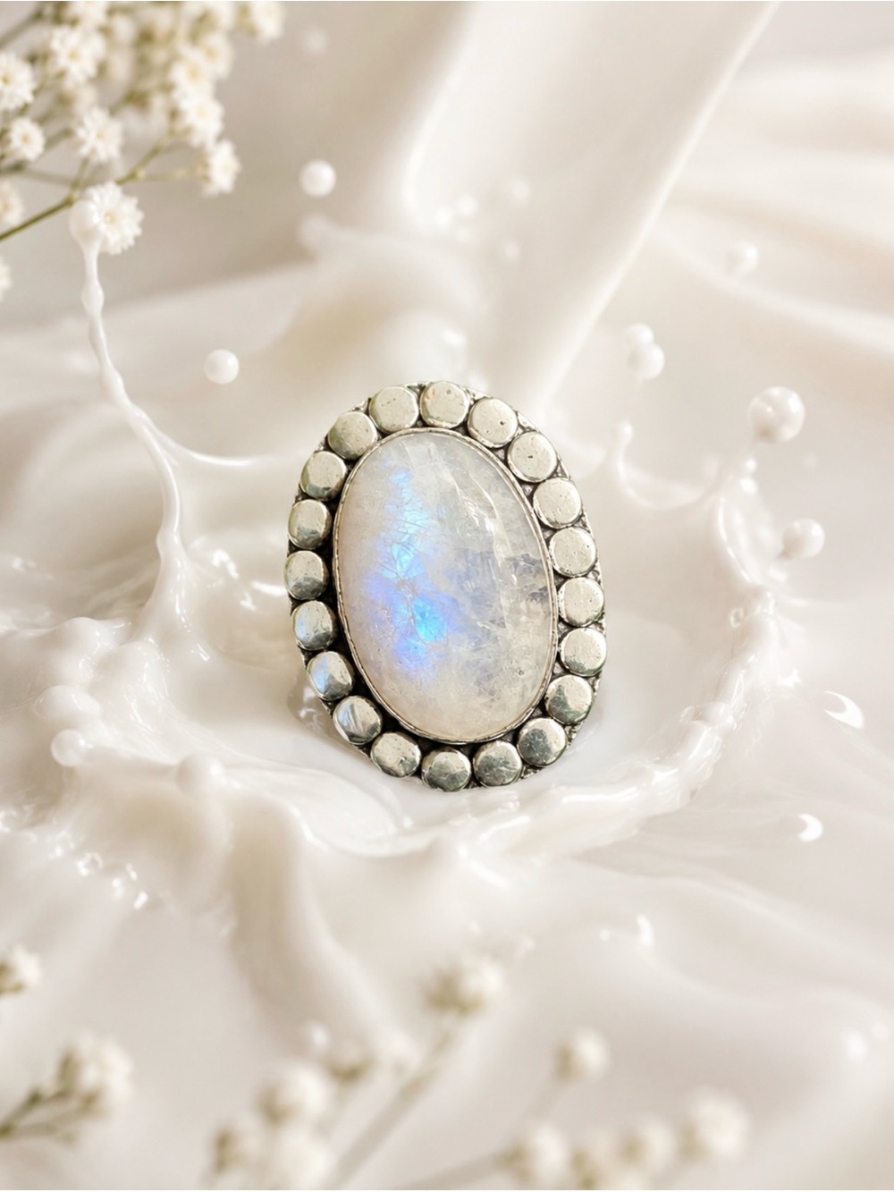 Rainbow Moonstone Layered Sterling Silver Ring Size 6.5 - Picture 2 of 5